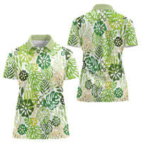 Green Aloha Hawaiian Women Polo Shirt Monstera Hibiscus Tropical Pattern