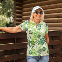 Green Aloha Hawaiian Women Polo Shirt Monstera Hibiscus Tropical Pattern