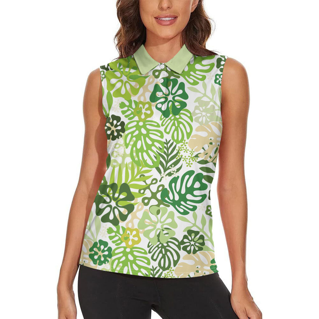 Green Aloha Hawaiian Women Sleeveless Polo Shirt Monstera Hibiscus Tropical Pattern