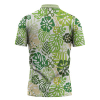 Green Aloha Hawaiian Zipper Polo Shirt Monstera Hibiscus Tropical Pattern