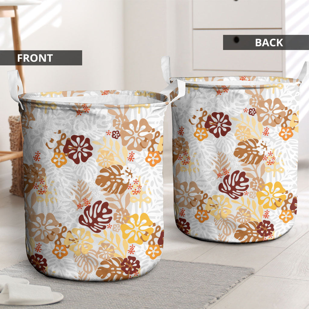 Brown Aloha Hawaiian Laundry Basket Monstera Hibiscus Tropical Pattern