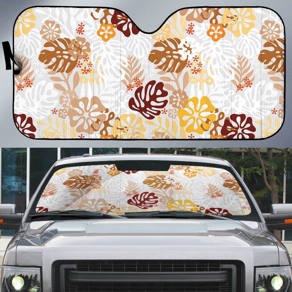 Brown Aloha Hawaiian Auto Sun Shade Monstera Hibiscus Tropical Pattern