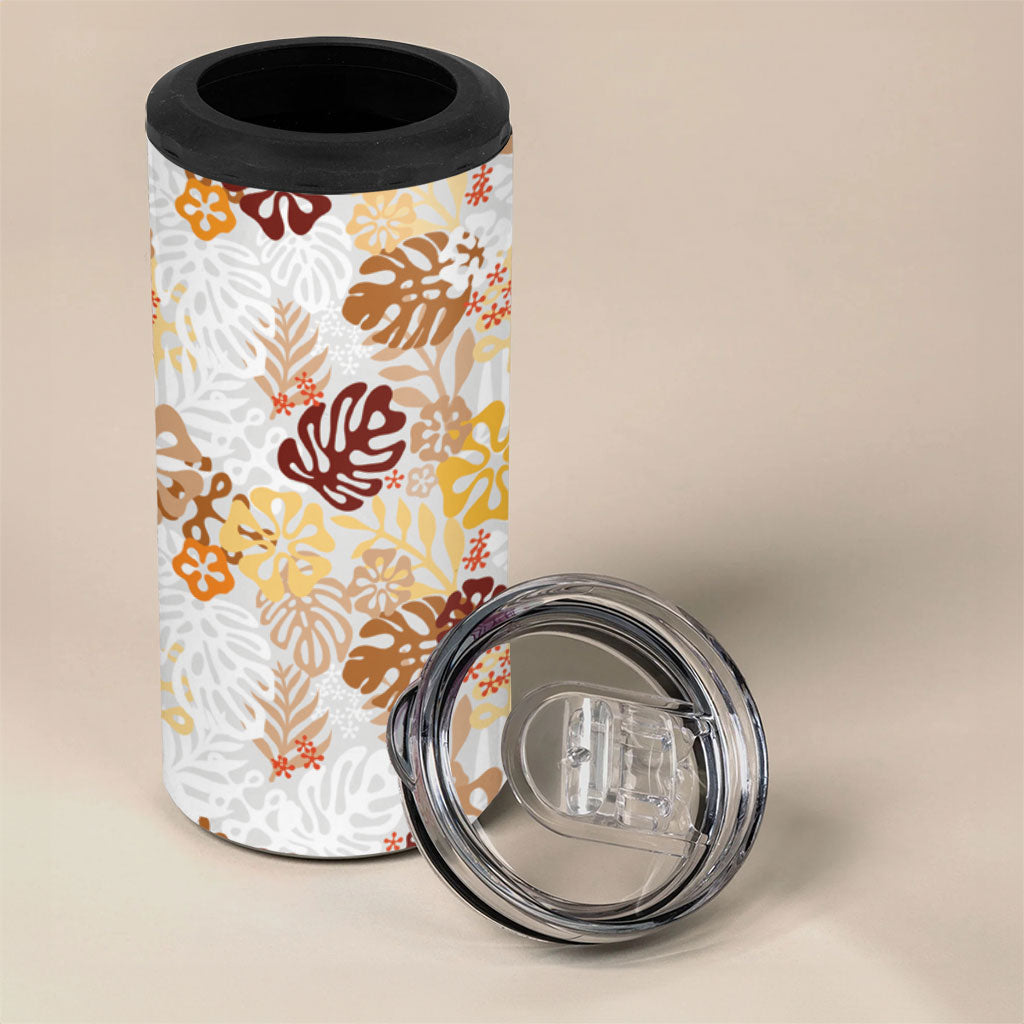 Brown Aloha Hawaiian 4 in 1 Can Cooler Tumbler Monstera Hibiscus Tropical Pattern
