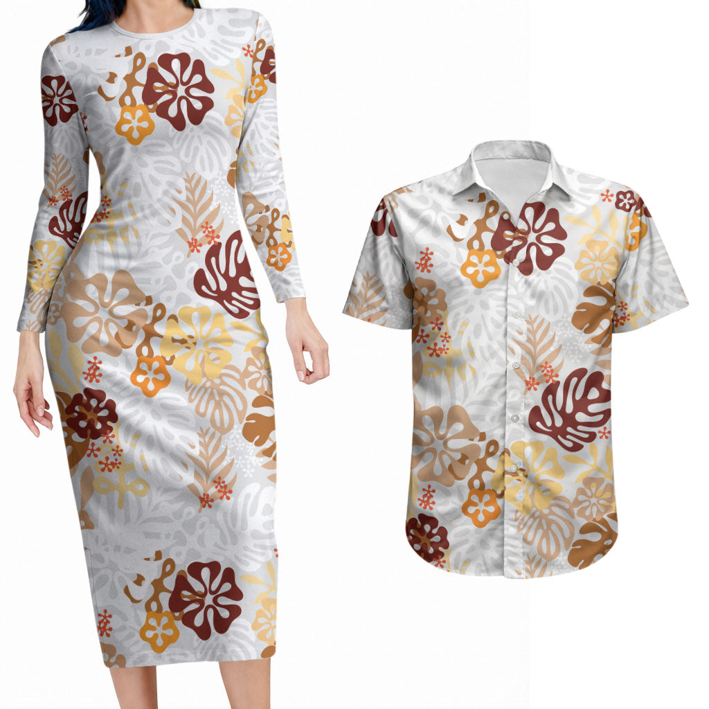 Brown Aloha Hawaiian Couples Matching Long Sleeve Bodycon Dress and Hawaiian Shirt Monstera Hibiscus Tropical Pattern LT19 Brown - Polynesian Pride
