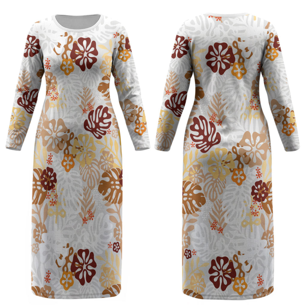 Brown Aloha Hawaiian Couples Matching Long Sleeve Bodycon Dress and Long Sleeve Button Shirt Monstera Hibiscus Tropical Pattern
