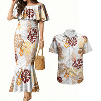 Brown Aloha Hawaiian Couples Matching Mermaid Dress and Hawaiian Shirt Monstera Hibiscus Tropical Pattern