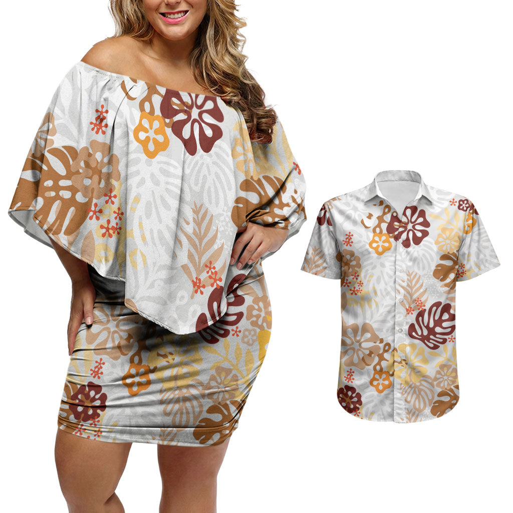 Brown Aloha Hawaiian Couples Matching Off Shoulder Short Dress and Hawaiian Shirt Monstera Hibiscus Tropical Pattern