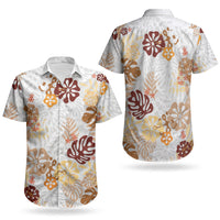 Brown Aloha Hawaiian Couples Matching Off Shoulder Short Dress and Hawaiian Shirt Monstera Hibiscus Tropical Pattern