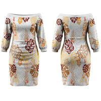 Brown Aloha Hawaiian Couples Matching Off The Shoulder Long Sleeve Dress and Hawaiian Shirt Monstera Hibiscus Tropical Pattern