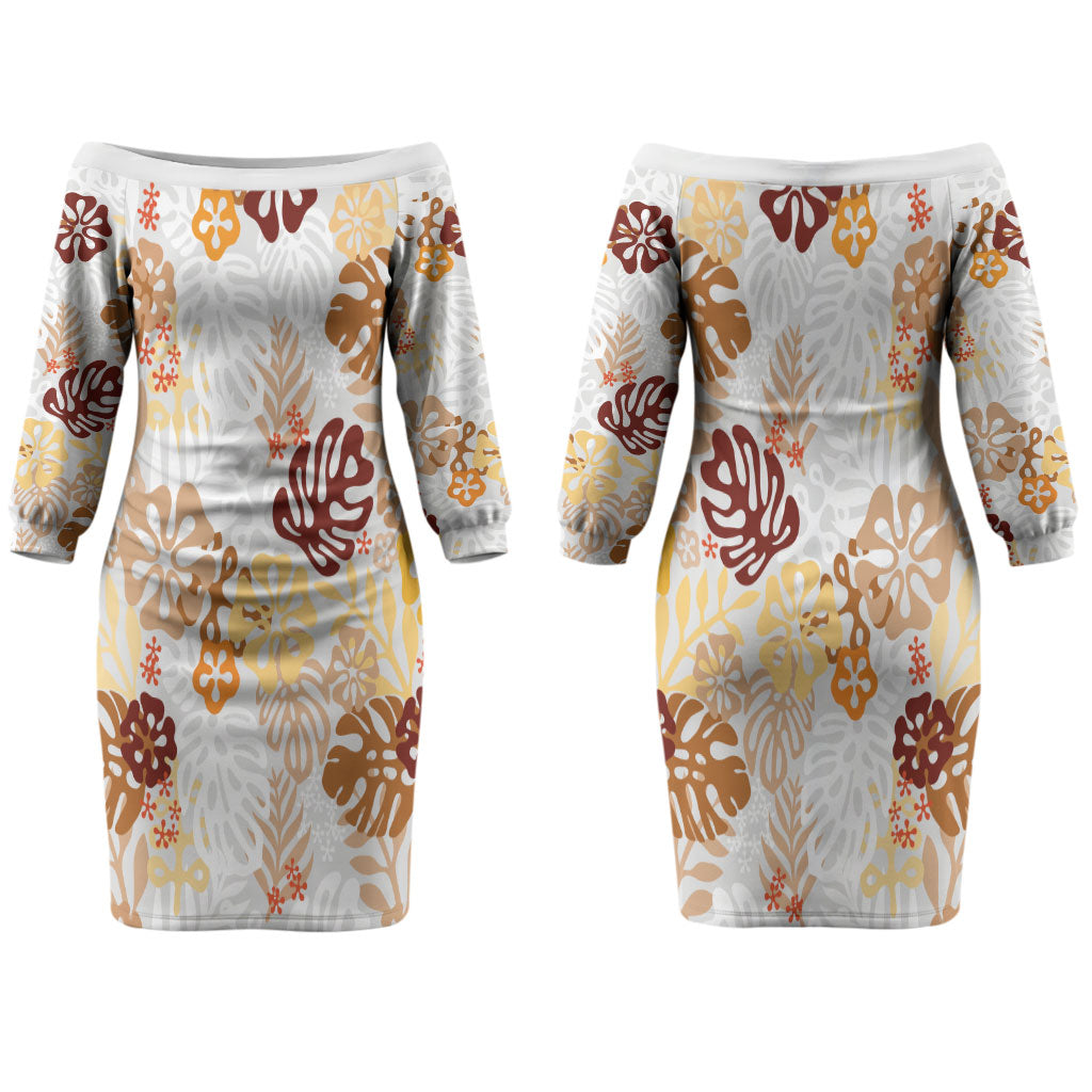 Brown Aloha Hawaiian Couples Matching Off The Shoulder Long Sleeve Dress and Long Sleeve Button Shirt Monstera Hibiscus Tropical Pattern