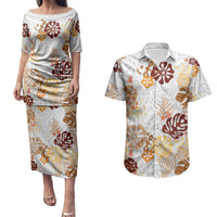 Brown Aloha Hawaiian Couples Matching Puletasi and Hawaiian Shirt Monstera Hibiscus Tropical Pattern