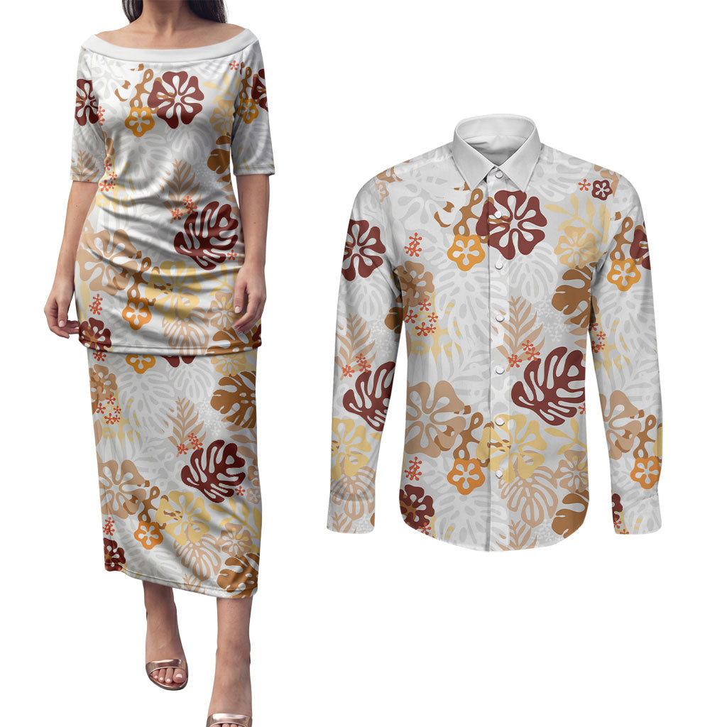 Brown Aloha Hawaiian Couples Matching Puletasi and Long Sleeve Button Shirt Monstera Hibiscus Tropical Pattern