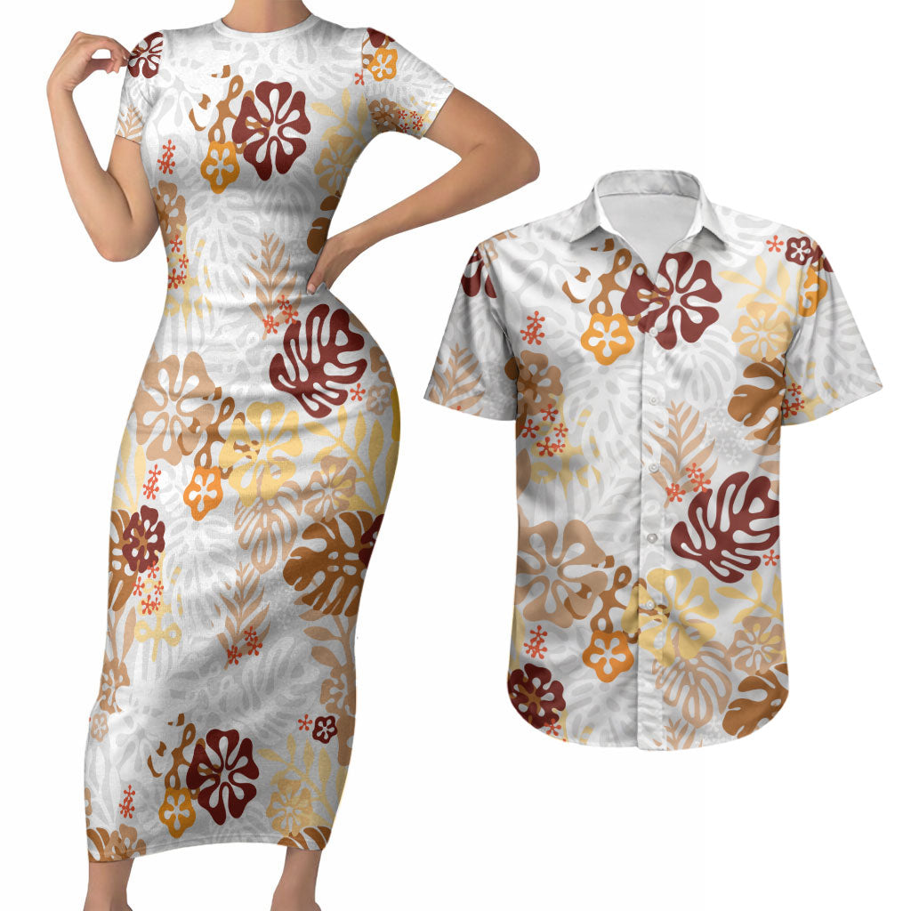 Brown Aloha Hawaiian Couples Matching Short Sleeve Bodycon Dress and Hawaiian Shirt Monstera Hibiscus Tropical Pattern