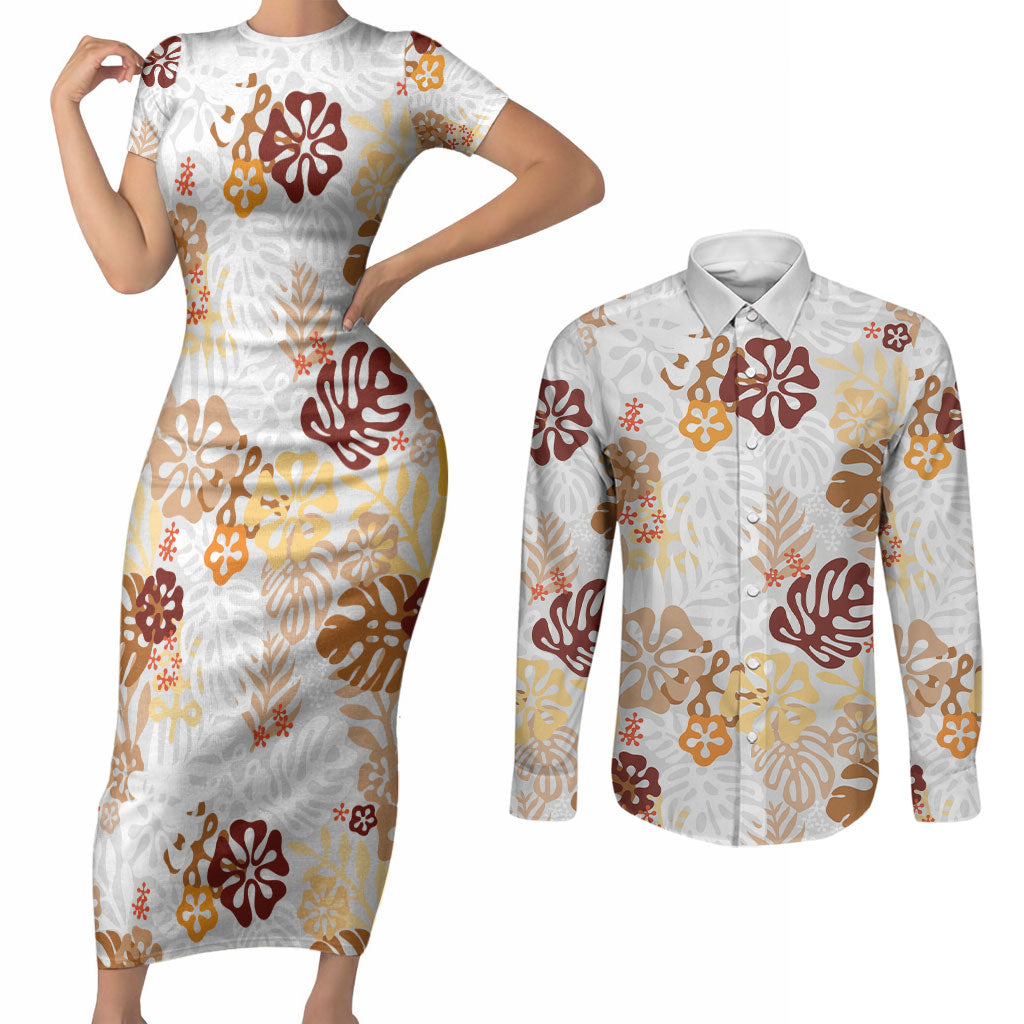 Brown Aloha Hawaiian Couples Matching Short Sleeve Bodycon Dress and Long Sleeve Button Shirt Monstera Hibiscus Tropical Pattern