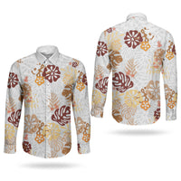 Brown Aloha Hawaiian Couples Matching Short Sleeve Bodycon Dress and Long Sleeve Button Shirt Monstera Hibiscus Tropical Pattern