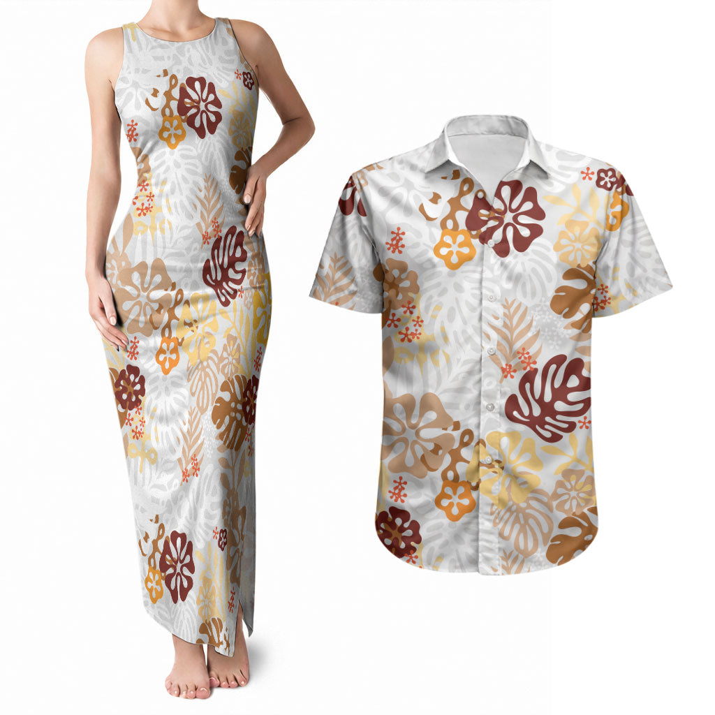 Brown Aloha Hawaiian Couples Matching Tank Maxi Dress and Hawaiian Shirt Monstera Hibiscus Tropical Pattern