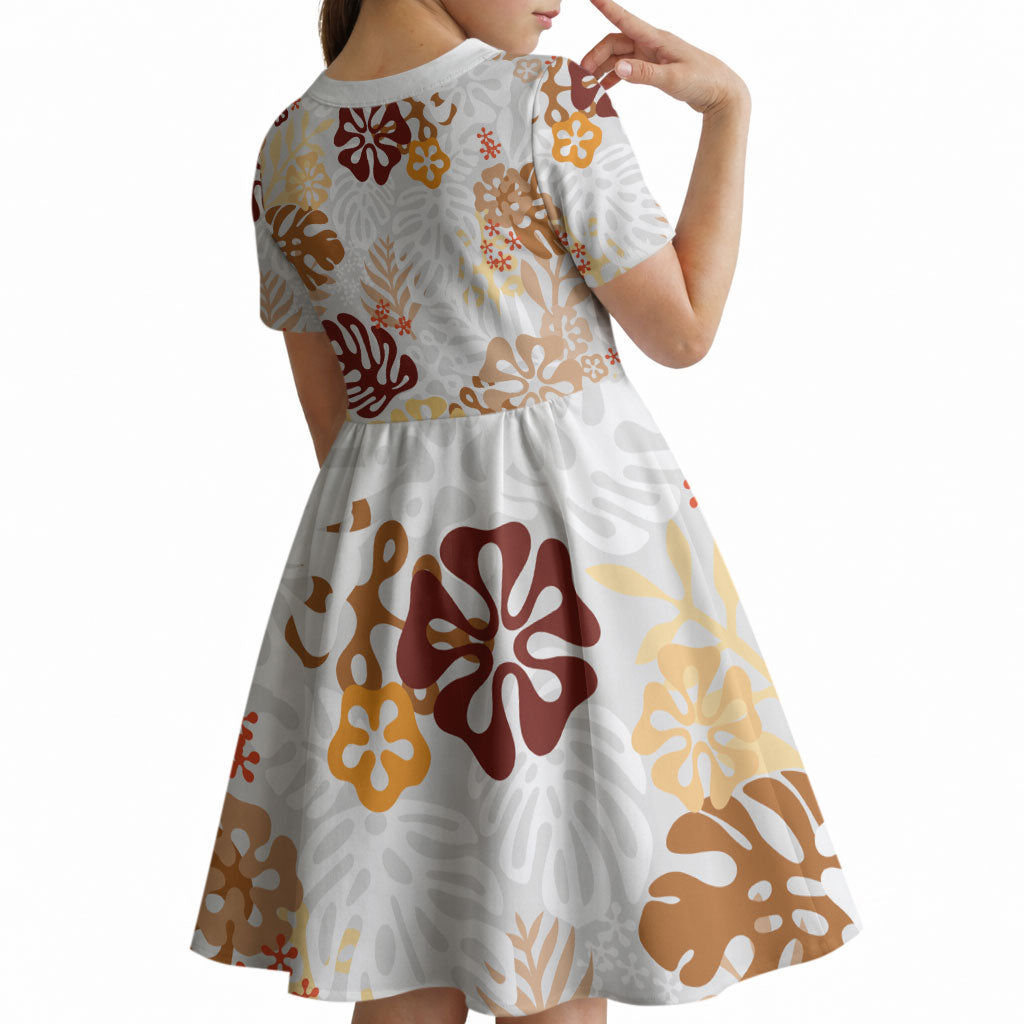 Brown Aloha Hawaiian Kid Short Sleeve Dress Monstera Hibiscus Tropical Pattern