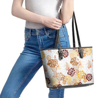 Brown Aloha Hawaiian Leather Tote Bag Monstera Hibiscus Tropical Pattern