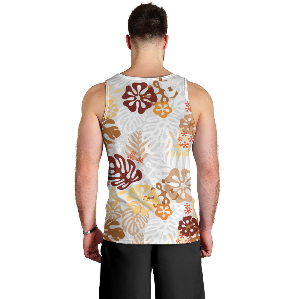 Brown Aloha Hawaiian Men Tank Top Monstera Hibiscus Tropical Pattern