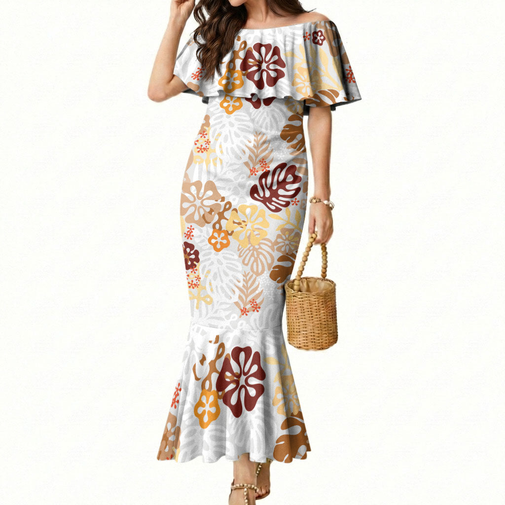 Brown Aloha Hawaiian Mermaid Dress Monstera Hibiscus Tropical Pattern