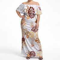 Brown Aloha Hawaiian Off Shoulder Maxi Dress Monstera Hibiscus Tropical Pattern