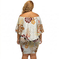 Brown Aloha Hawaiian Off Shoulder Short Dress Monstera Hibiscus Tropical Pattern