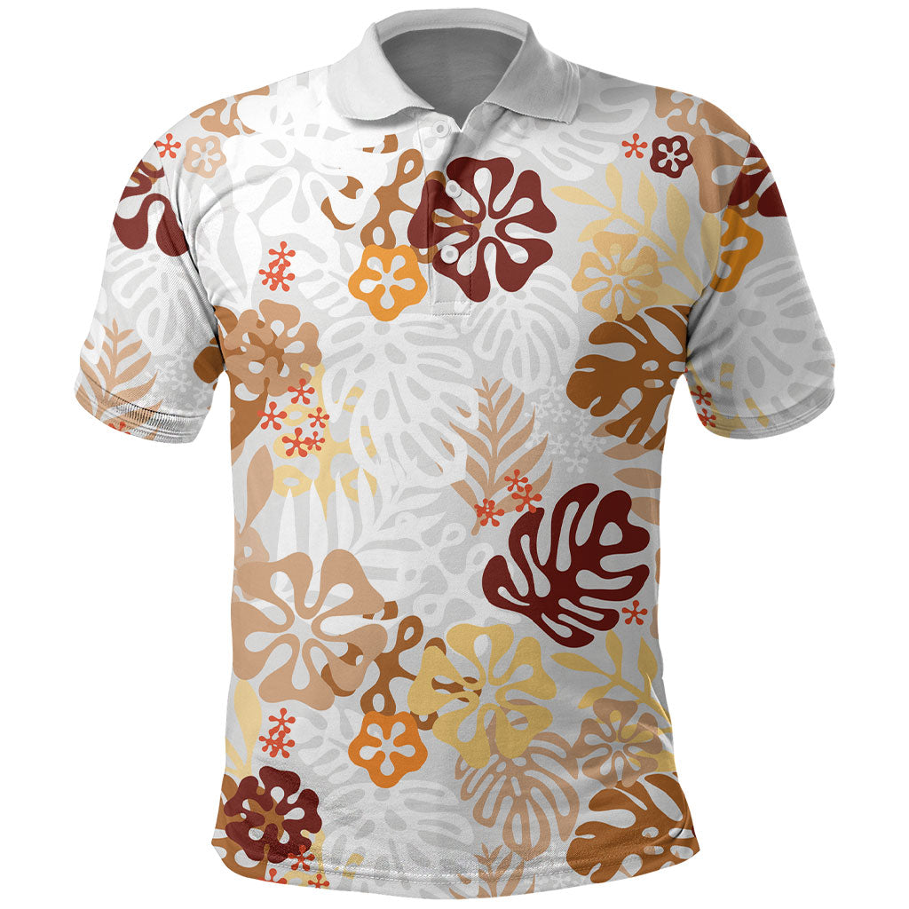 Brown Aloha Hawaiian Polo Shirt Monstera Hibiscus Tropical Pattern