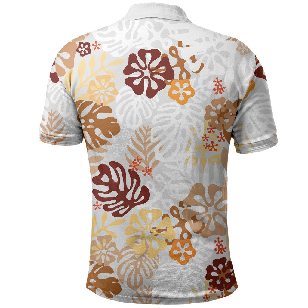 Brown Aloha Hawaiian Polo Shirt Monstera Hibiscus Tropical Pattern
