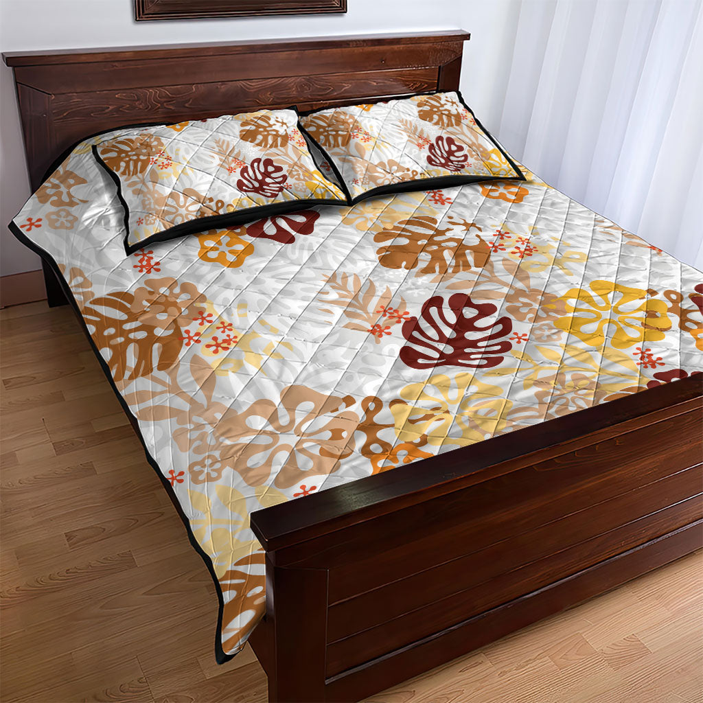 Brown Aloha Hawaiian Quilt Bed Set Monstera Hibiscus Tropical Pattern