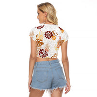 Brown Aloha Hawaiian Raglan Cropped T Shirt Monstera Hibiscus Tropical Pattern