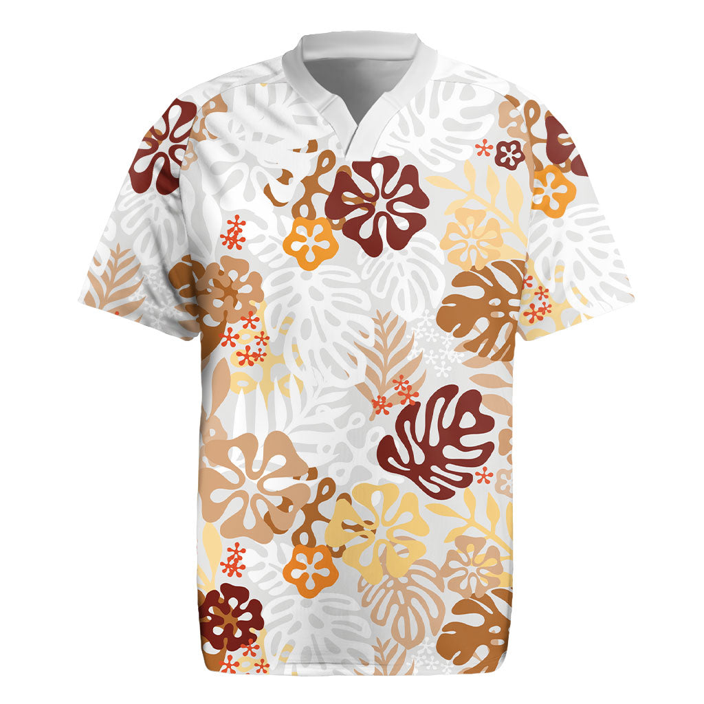 Brown Aloha Hawaiian Rugby Jersey Monstera Hibiscus Tropical Pattern