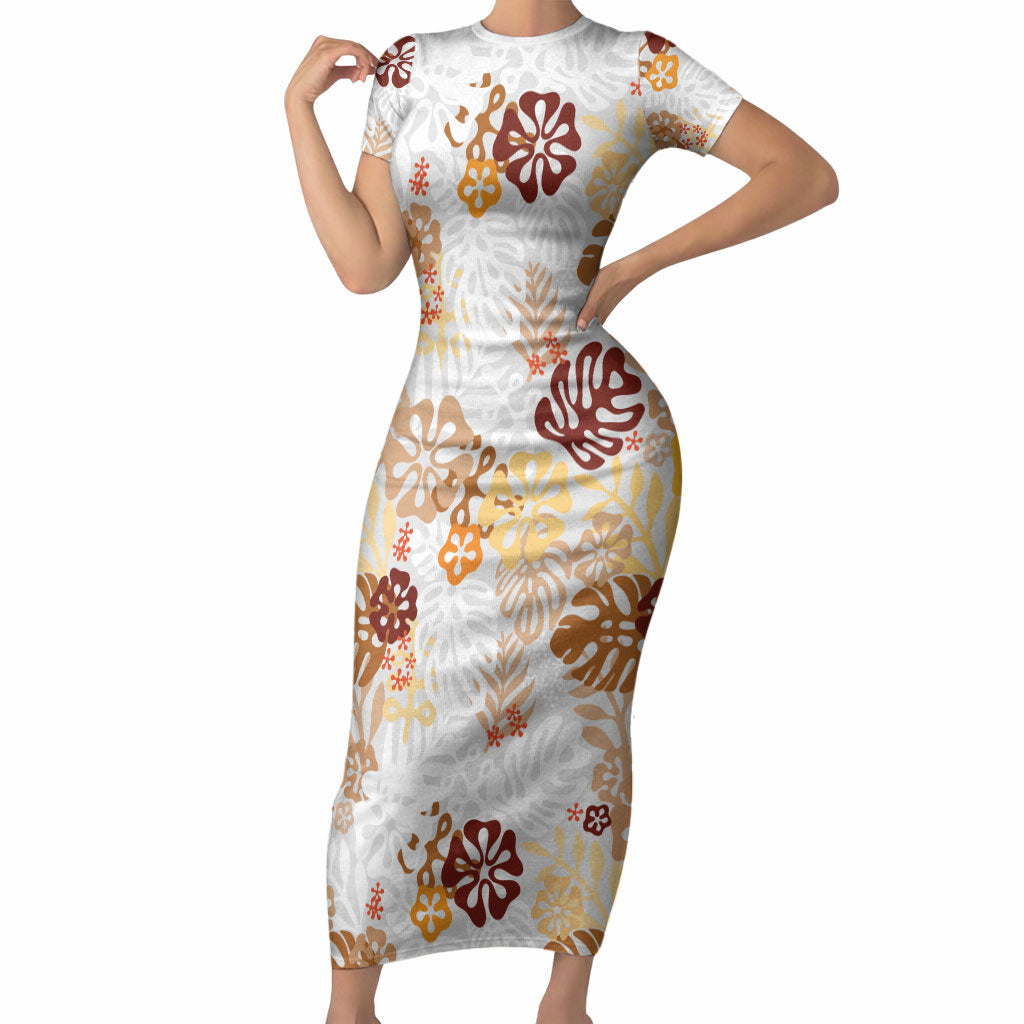 Brown Aloha Hawaiian Short Sleeve Bodycon Dress Monstera Hibiscus Tropical Pattern