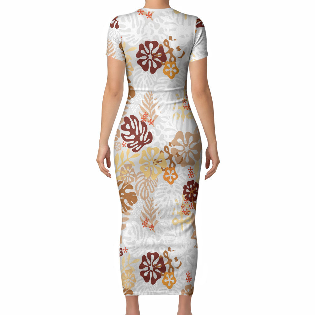 Brown Aloha Hawaiian Short Sleeve Bodycon Dress Monstera Hibiscus Tropical Pattern