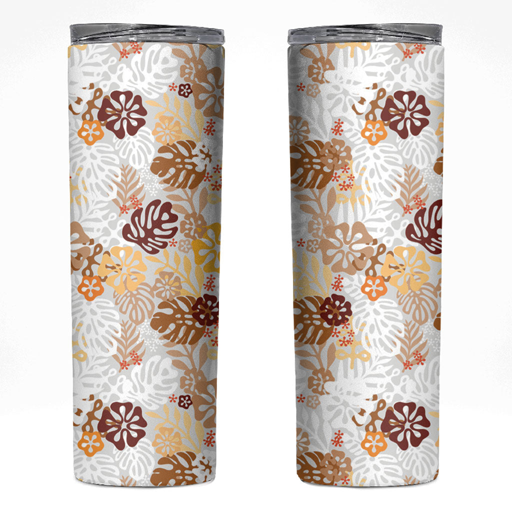 Brown Aloha Hawaiian Skinny Tumbler Monstera Hibiscus Tropical Pattern