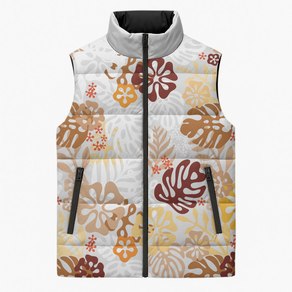 Brown Aloha Hawaiian Sleeveless Puffer Jacket Monstera Hibiscus Tropical Pattern LT19 Unisex Brown - Polynesian Pride