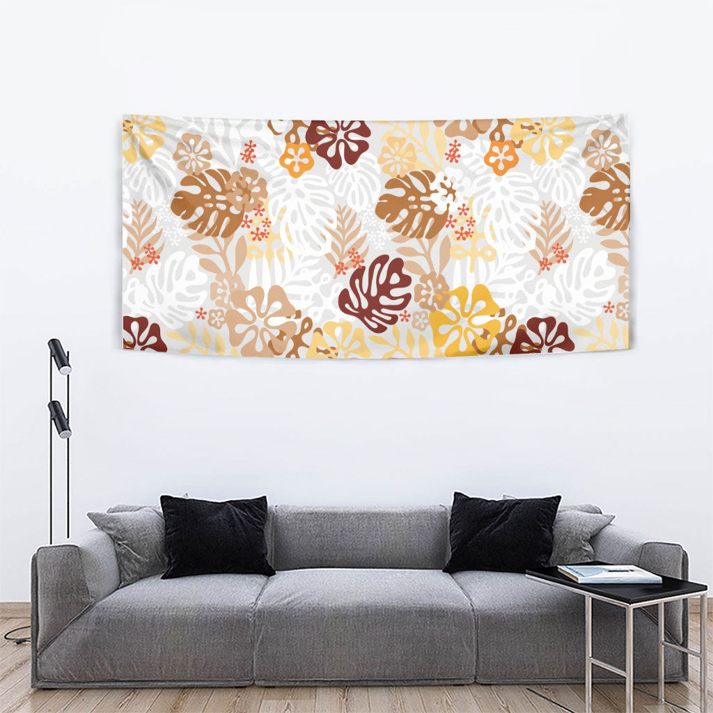Brown Aloha Hawaiian Tapestry Monstera Hibiscus Tropical Pattern