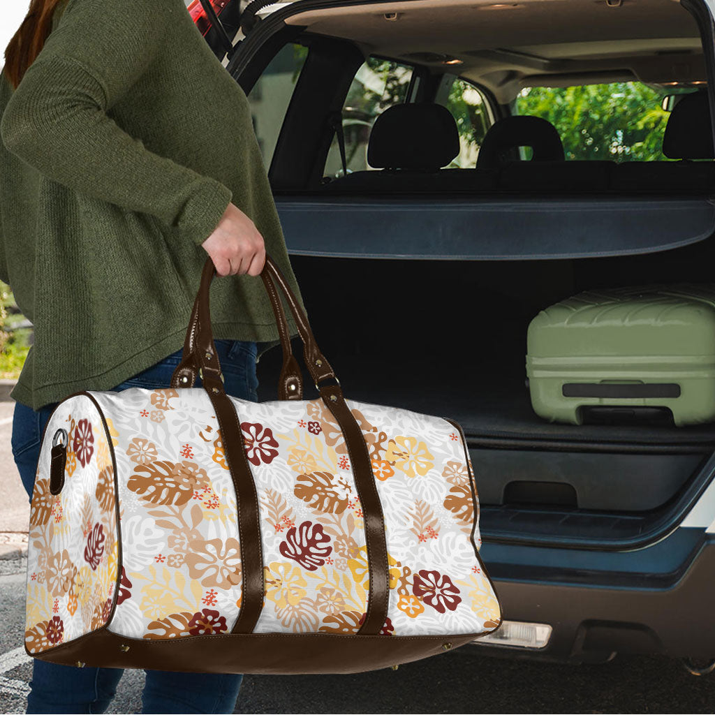 Brown Aloha Hawaiian Travel Bag Monstera Hibiscus Tropical Pattern