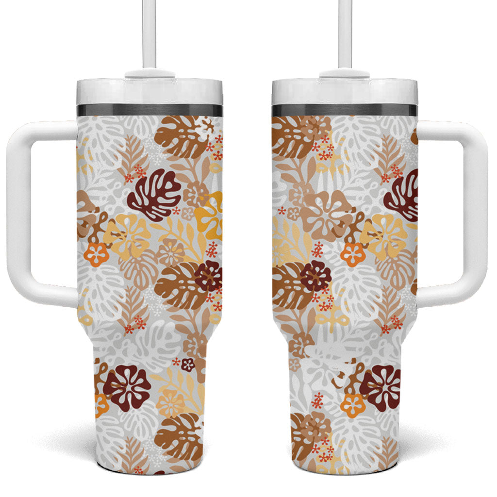 Brown Aloha Hawaiian Tumbler With Handle Monstera Hibiscus Tropical Pattern