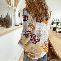 Brown Aloha Hawaiian Women Casual Shirt Monstera Hibiscus Tropical Pattern