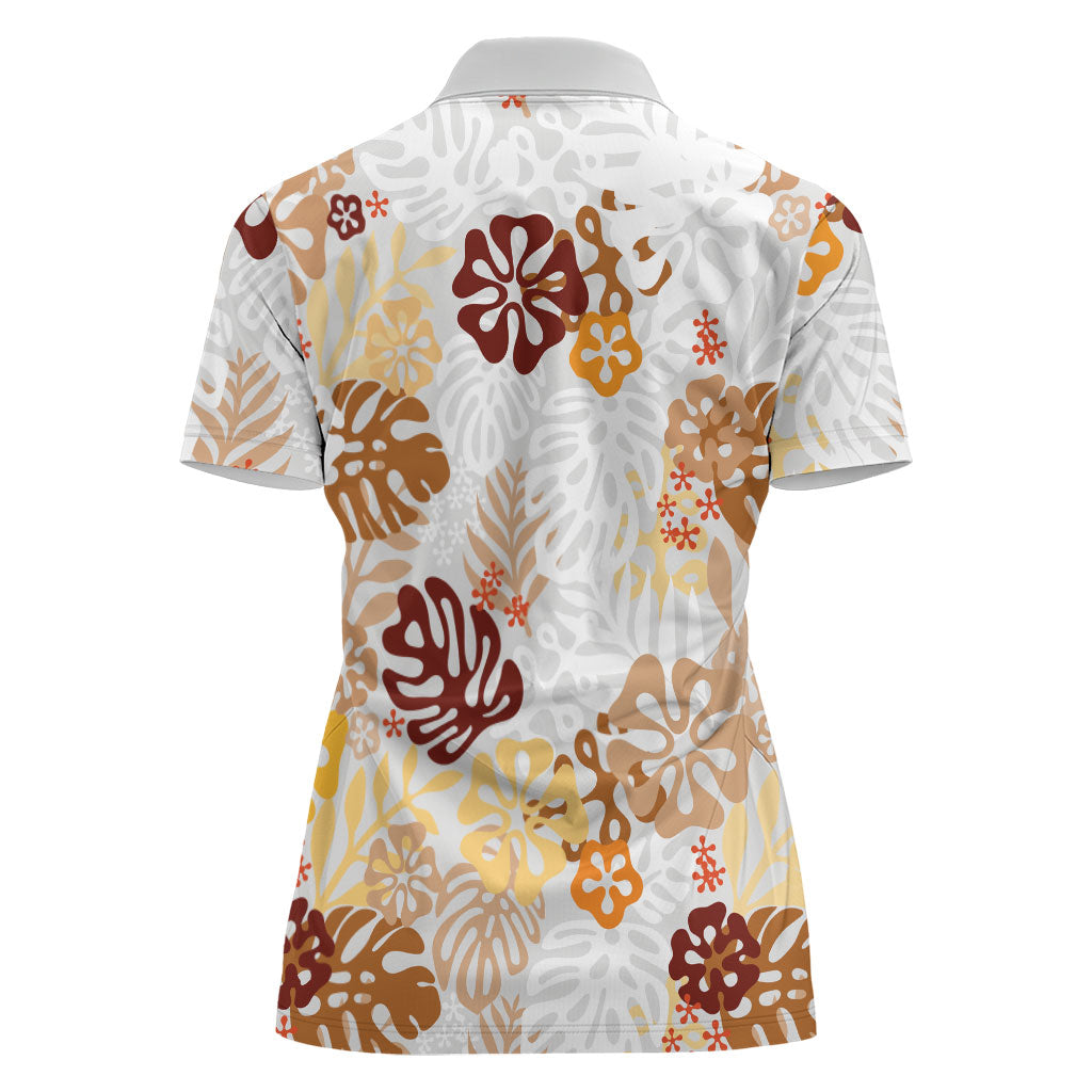 Brown Aloha Hawaiian Women Polo Shirt Monstera Hibiscus Tropical Pattern