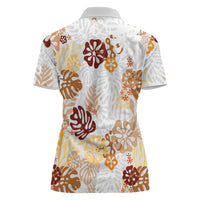 Brown Aloha Hawaiian Women Polo Shirt Monstera Hibiscus Tropical Pattern