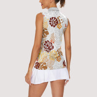 Brown Aloha Hawaiian Women Sleeveless Polo Shirt Monstera Hibiscus Tropical Pattern