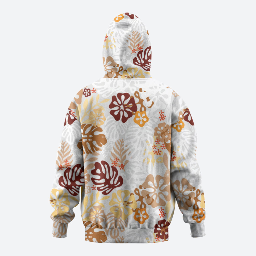Brown Aloha Hawaiian Zip Hoodie Monstera Hibiscus Tropical Pattern