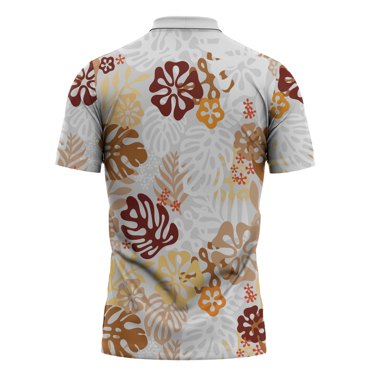 Brown Aloha Hawaiian Zipper Polo Shirt Monstera Hibiscus Tropical Pattern