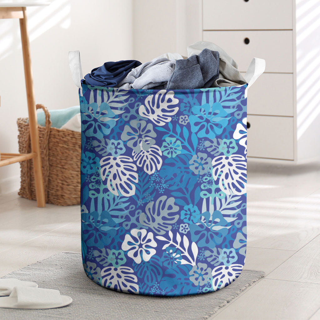 Blue Aloha Hawaiian Laundry Basket Monstera Hibiscus Tropical Pattern