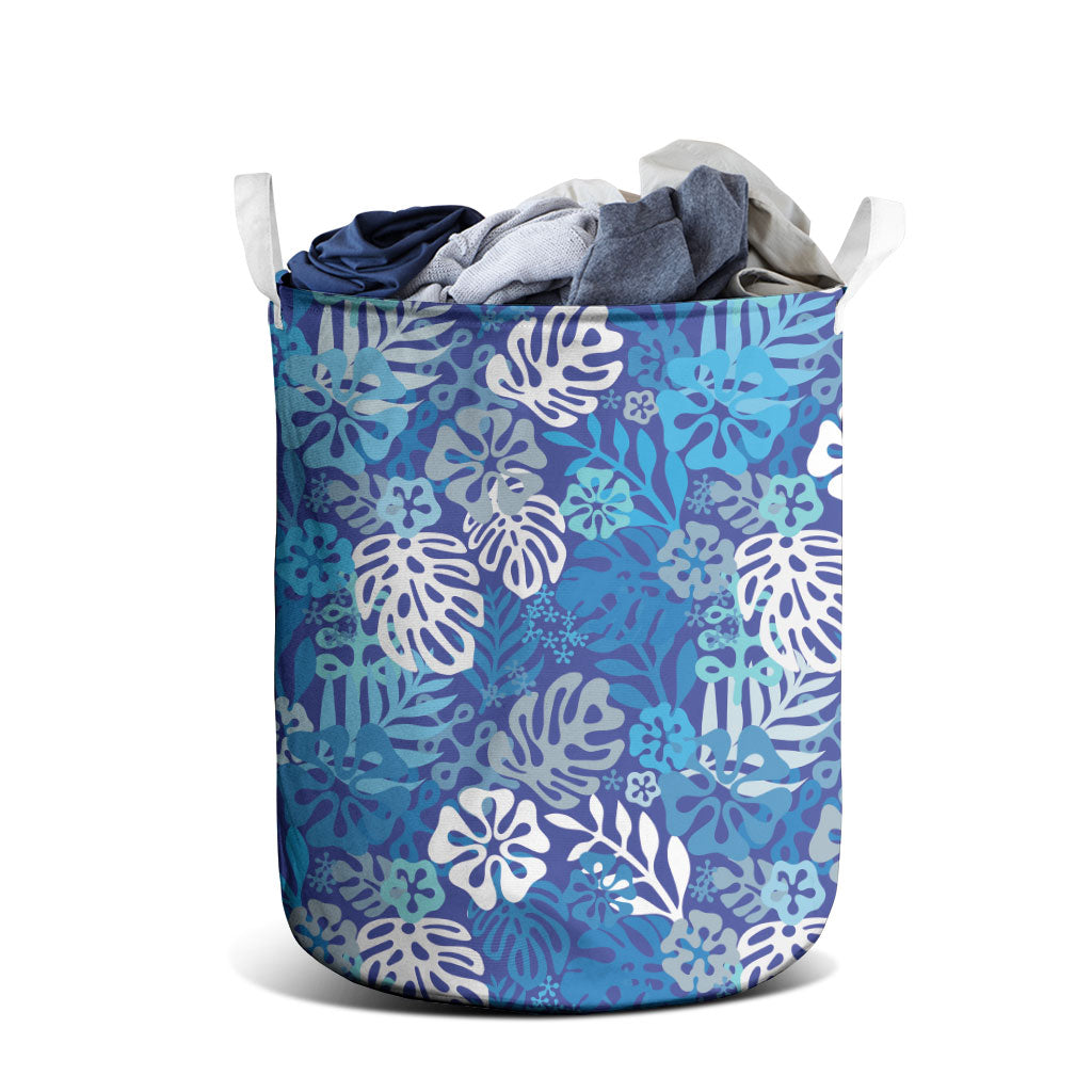 Blue Aloha Hawaiian Laundry Basket Monstera Hibiscus Tropical Pattern