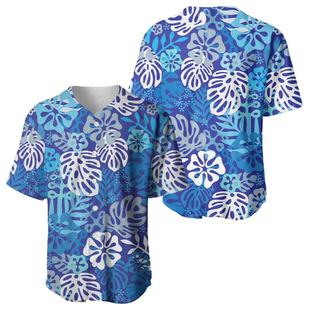 Blue Aloha Hawaiian Baseball Jersey Monstera Hibiscus Tropical Pattern