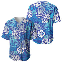 Blue Aloha Hawaiian Baseball Jersey Monstera Hibiscus Tropical Pattern