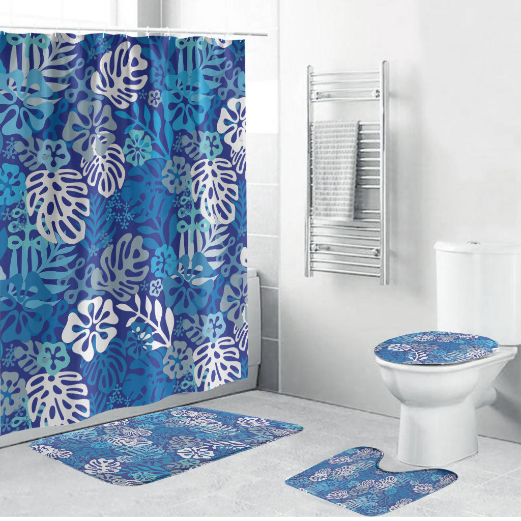 Blue Aloha Hawaiian Bathroom Set Monstera Hibiscus Tropical Pattern