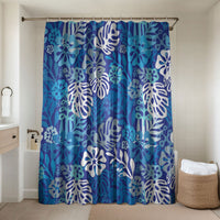 Blue Aloha Hawaiian Bathroom Set Monstera Hibiscus Tropical Pattern